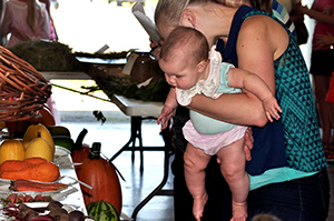 Cute chubby baby and mom examine displays